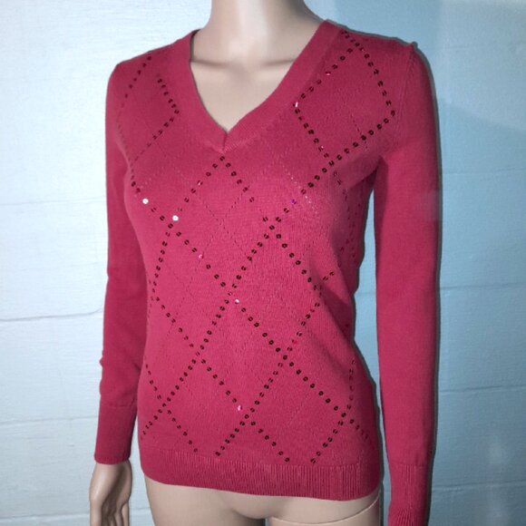 Tommy Hilfiger Women's XS Red Sparkle Sequin Argyle Vneck Sweater Holiday Y2K - Picture 1 of 9